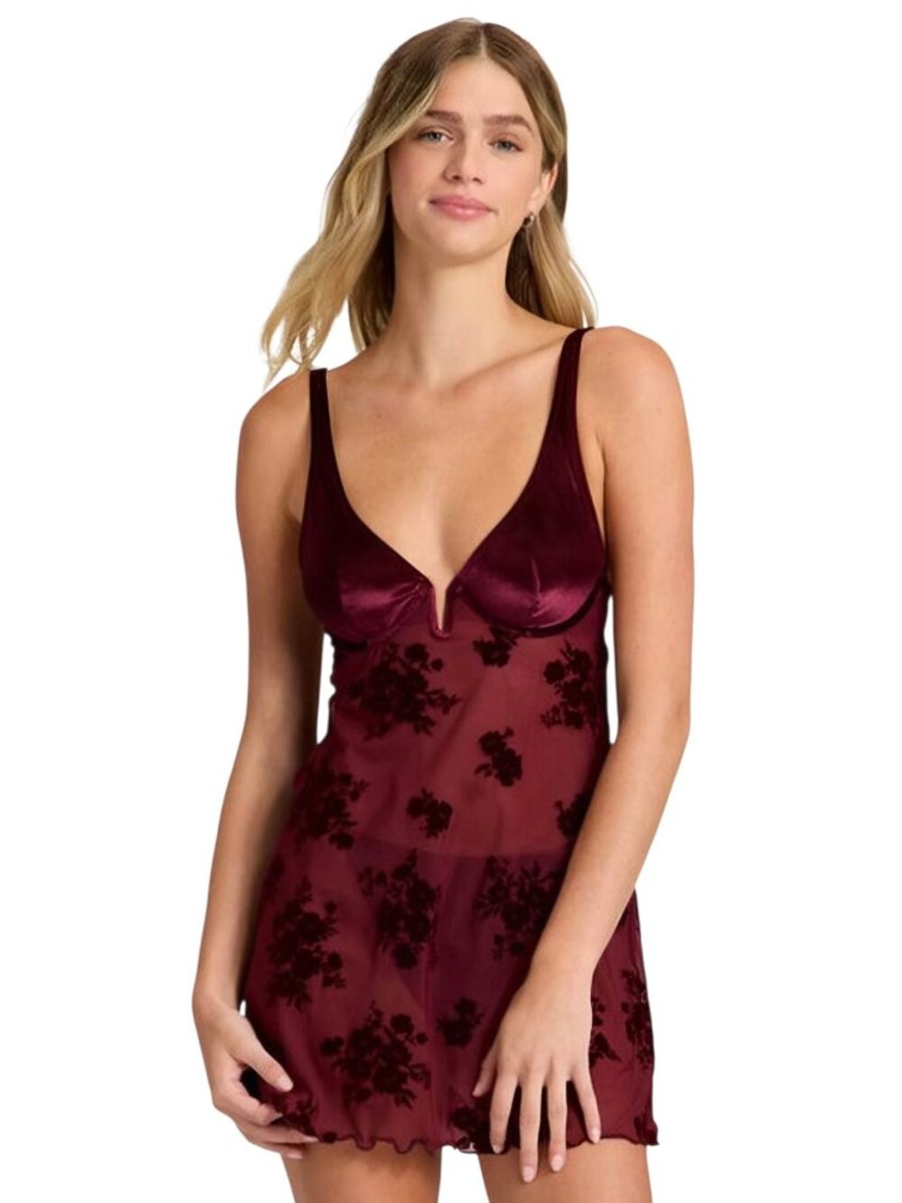 Auden Velvet Floral Burgundy Chemise Sheer Mesh Underwire Babydoll Slip size XL